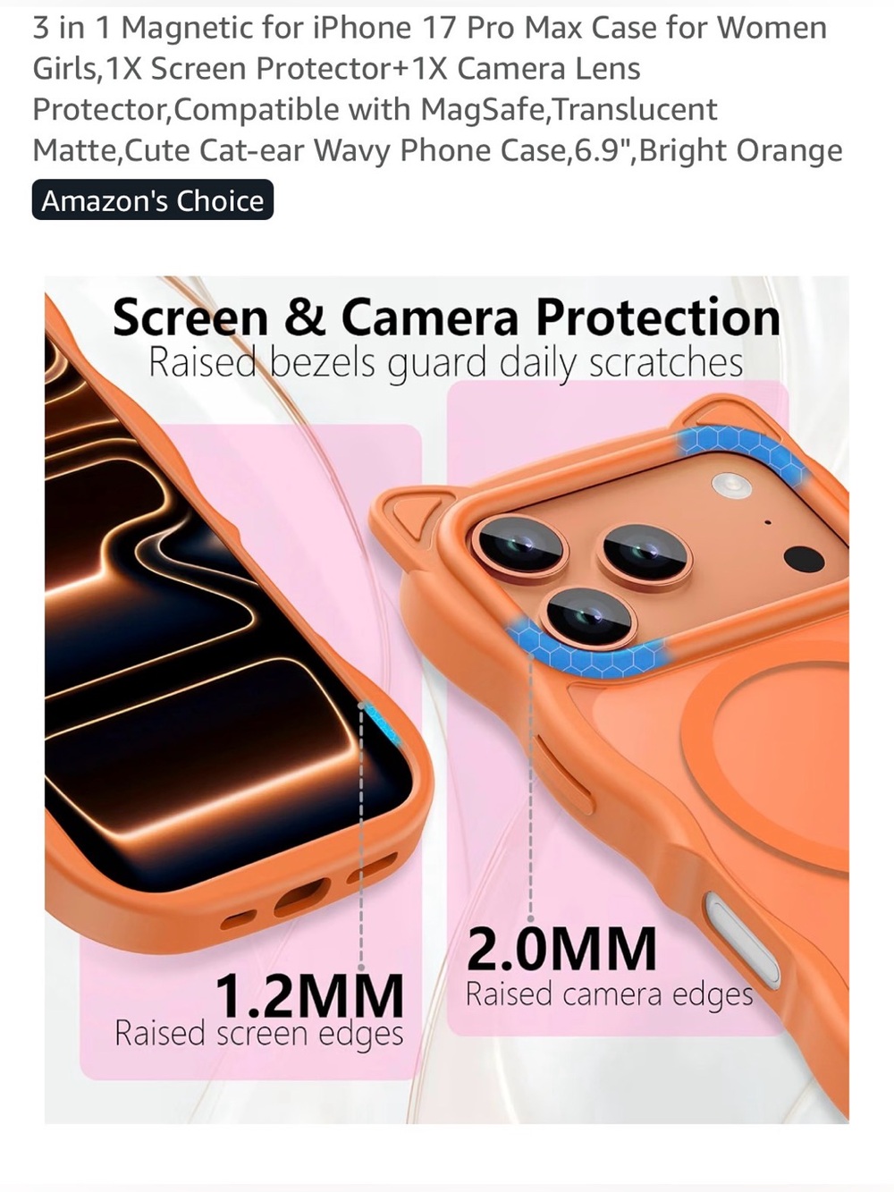 ☎️Orange Cat-Ear Magnetic iPhone Case with Camera & Screen Protection 17 pro max